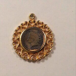 Vintage WLP 1898 Indian Head Penny Pendant 1 3/8" Diameter Gold Tone